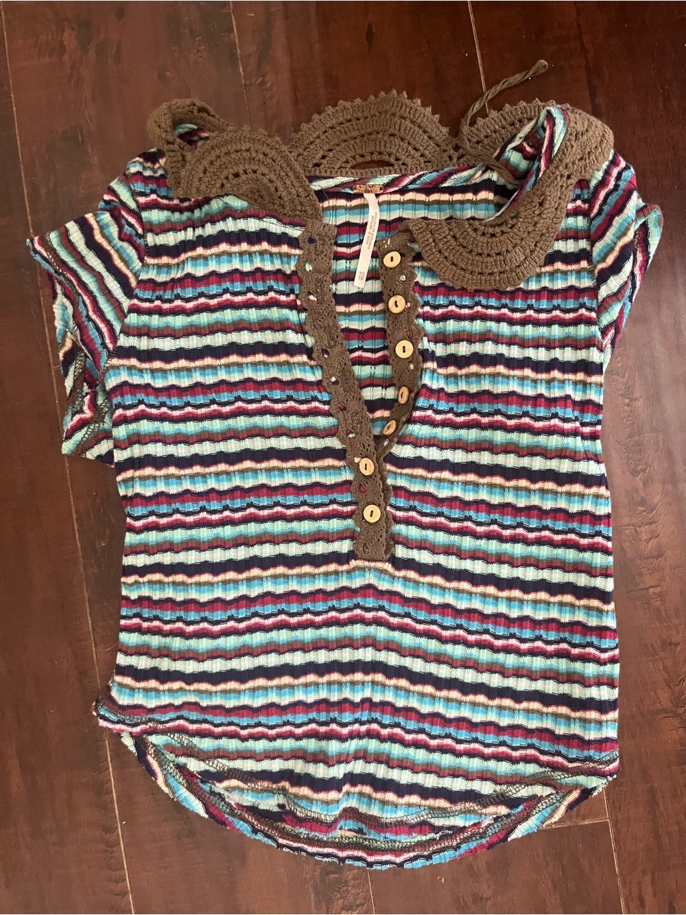 Free People Multicolor Striped Knit Crop Top with Brown Crochet Trim